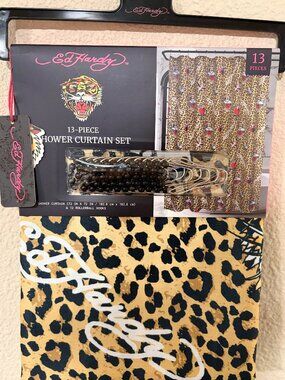 Ed Hardy Leopard Print Shower Curtain Set 13 Piece Tiger Heart Y2K Tattoo Style